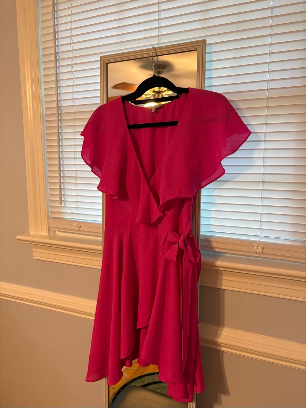 Flutter Sleeve High-Low Wrap Dress in Fuchsia